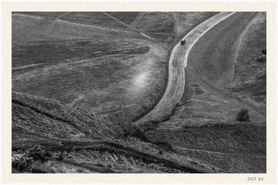 Bellows No. 1: a country road winding through fields, black and white
