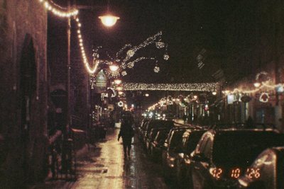 FunSnap 27: a street of lights at night, dark and grainy