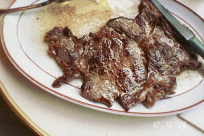FunSnap 27: steak and chips on a plate, flash-lit colour