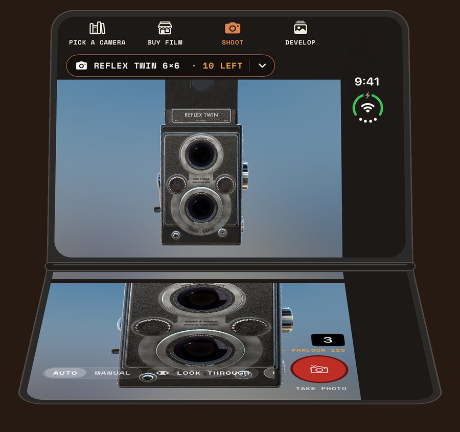 An iPhone Duo held half open like a laptop, showing the Reflex Twin 6×6 from the front: its top lens on the upright half, the lower lens and the Take Photo button on the half lying flat