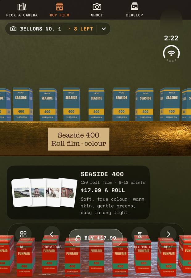 The app's 1956 camera shop: shelves of 120 film, and a Seaside 400 roll at $17.99 with its example prints